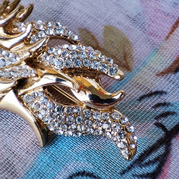 Asian DRAGON Rhinestone Encrusted Brooch Gold Wash Fierce Emerald Stone Eyes - Picture 12 of 12